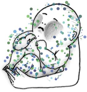 Picture of a baby with bacteria visualized on it. 
